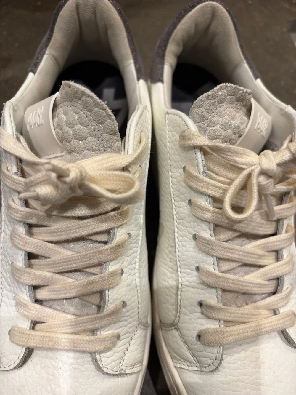 P448 Women’s Off white Laces & White Leather Low-Top Sneakers with Gray Heel